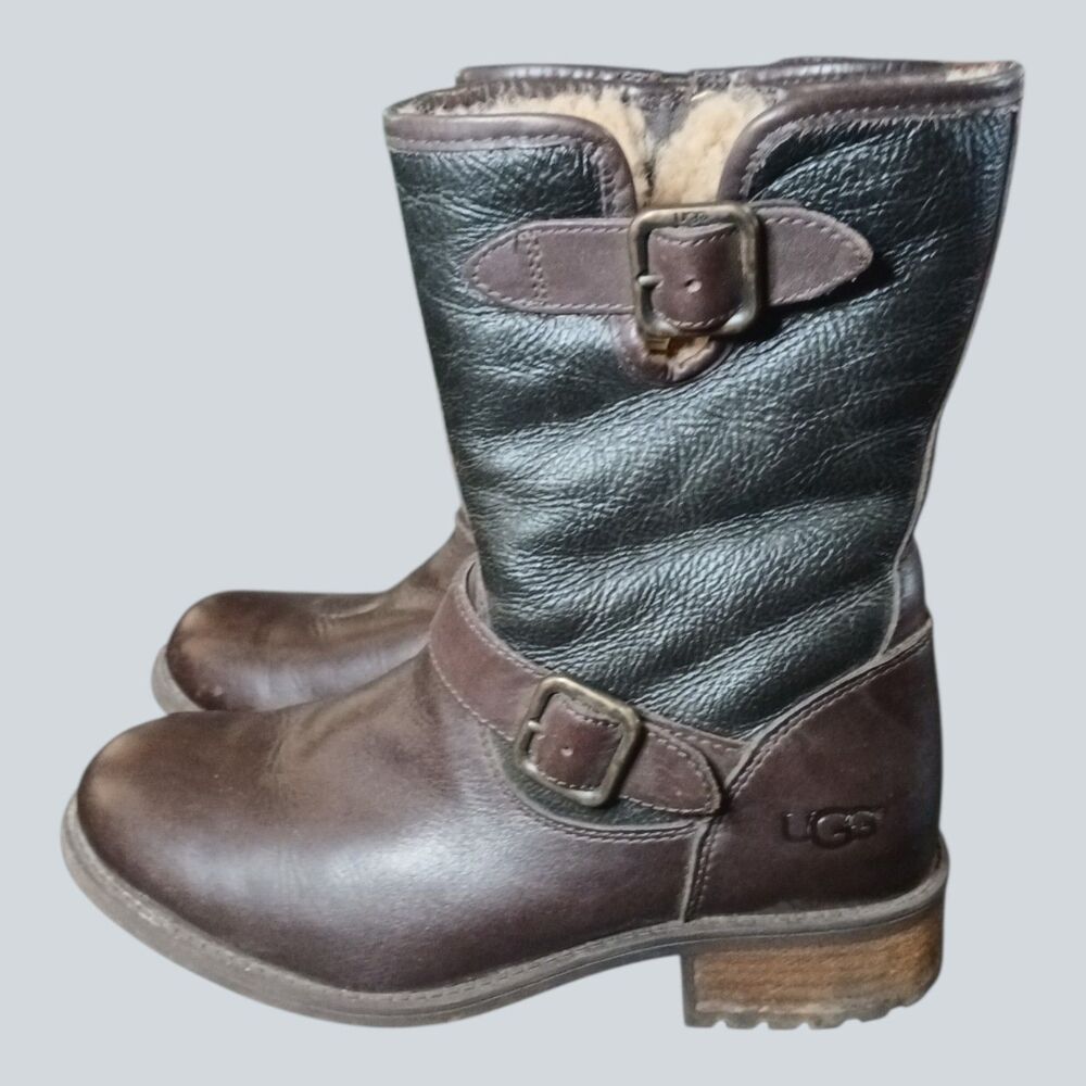 Ugg Australia Chaney Biker Boots Brown Black 2-Tone Sherpa Lined Size 7
